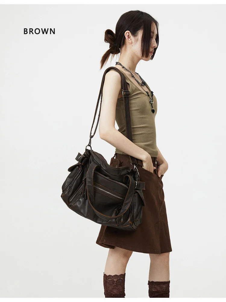 Sacà bandoulière simples pour fille couro macio retro mensageiro saco grande capacidade sacola punk multi bolso y2kmotorcycle saco