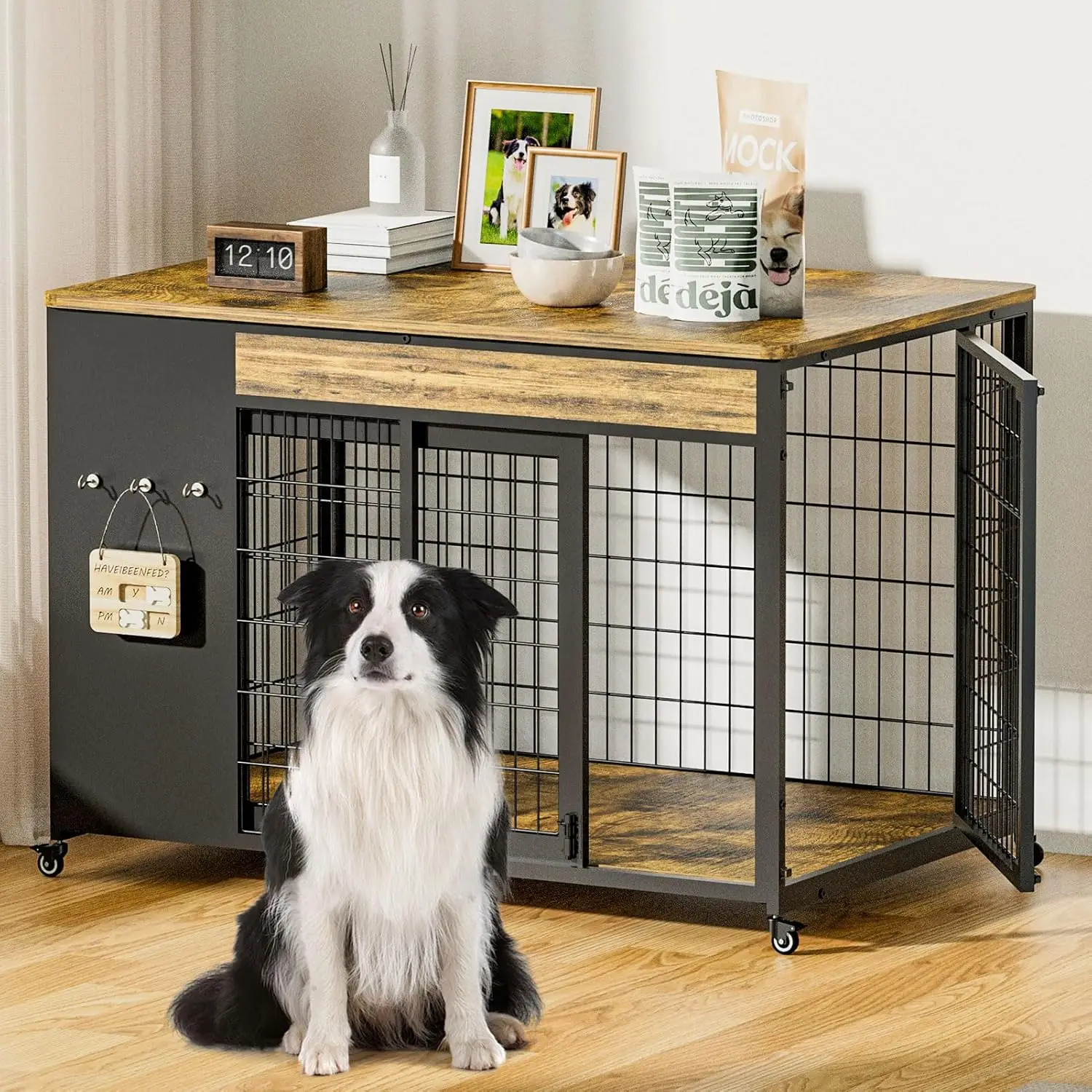 Móveis para caixa de cachorro de 38 ", caixa para cachorro com moldura DIY, canil interno com porta deslizante, mesa final de gaiola de madeira para cães, para médio/grande