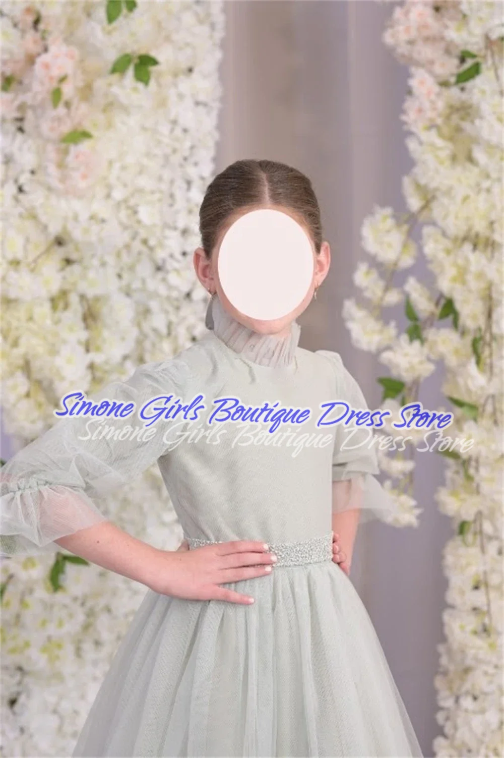 High Neck Pleat Applique Half Sleeve A Line Flower Girl Dress Floor Length Sweep Train Elegant First Communion Gown Customized