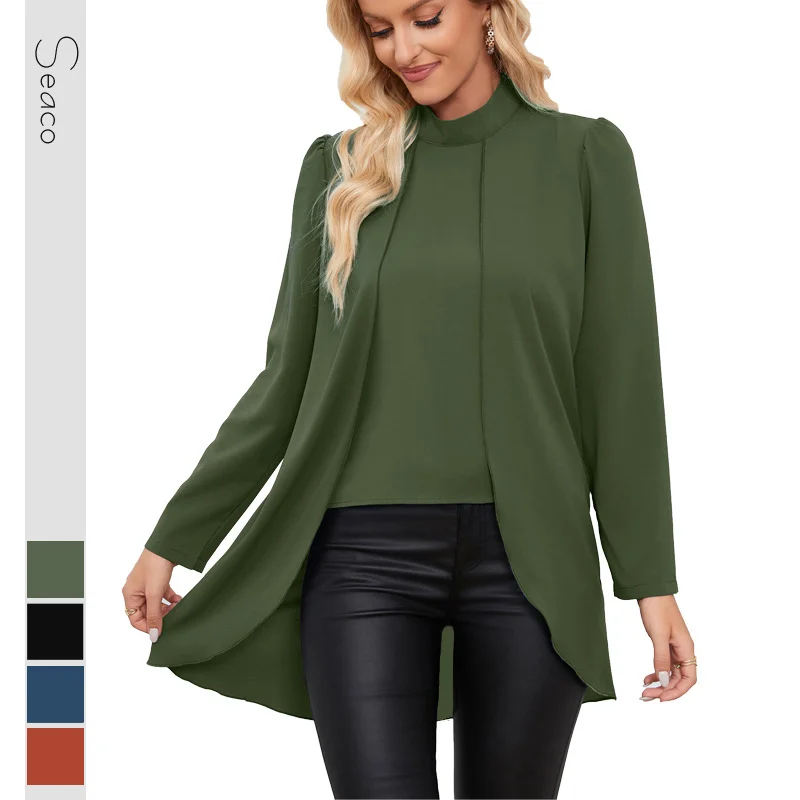 

Women's 2025 New Women's Fake Two-piece Shirt Long Sleeve Small Stand Collar Solid Color Top
