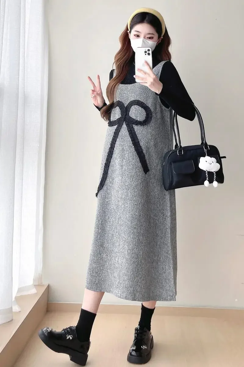 

Autumn Maternity Clothes Set Black Long Sleeve Knitted Top Strap Dress Bowknot Sundress Twinset Pregnant Woman Dresses Suits