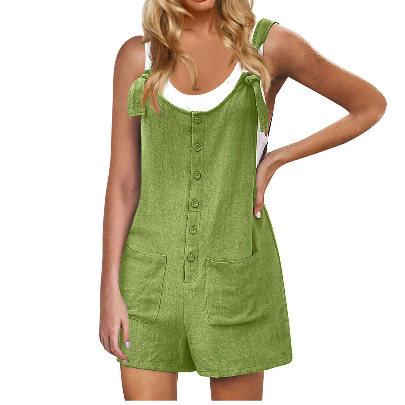 

Women's Casual Summer Short Rompers Overalls 2024 Loose Sleeveless Tie Knot Strap Solid Color Jumpsuits With Pockets