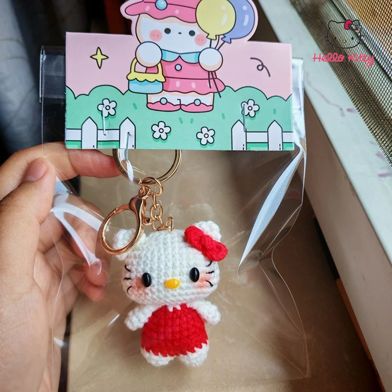 

Cute Hello Kitty Keychain Cartoon Handmade Crochet Pendants Backpack Anime Accessories Dopamine New Keychains Girl Perfect Gifts