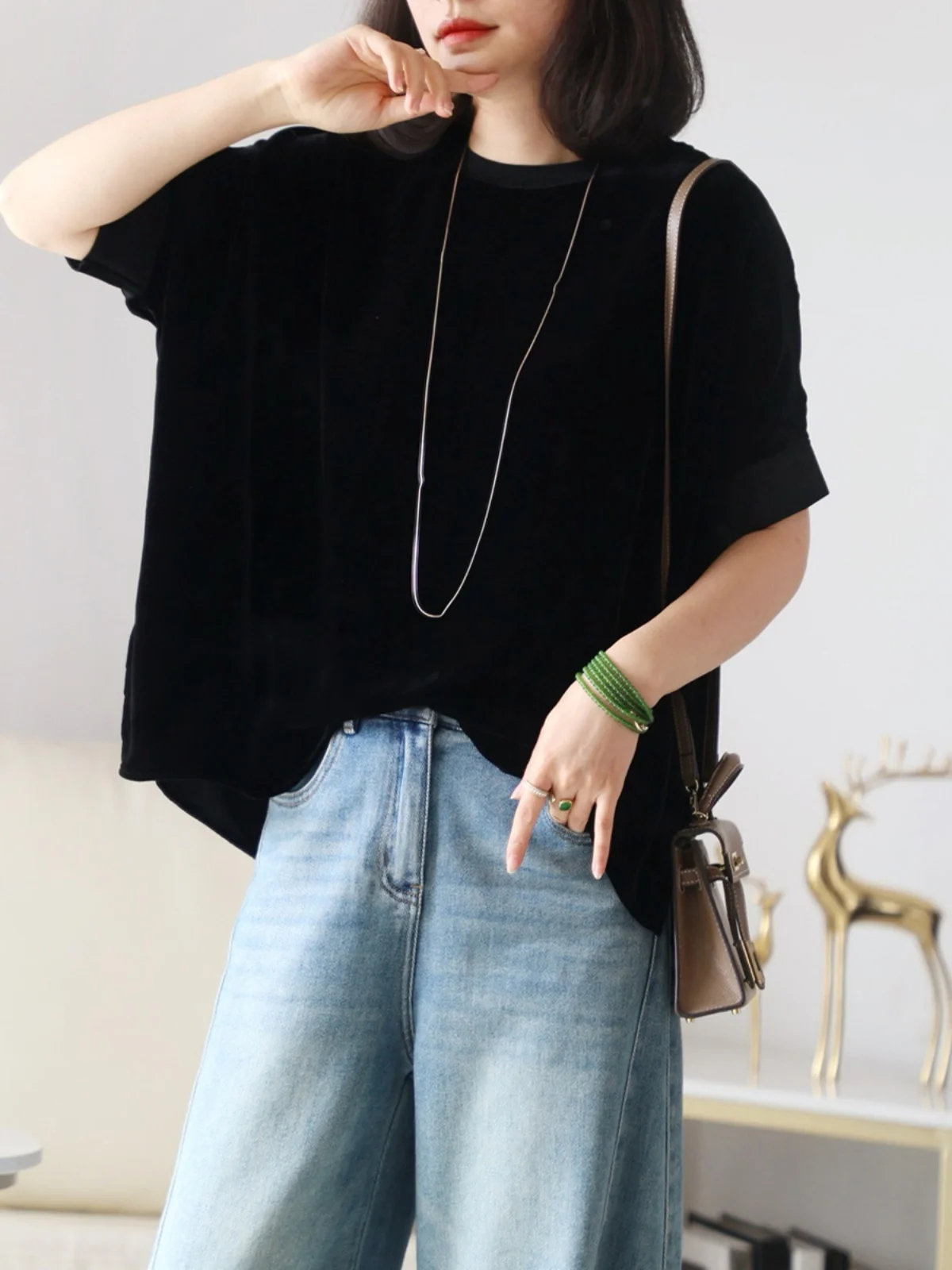 

Женская повседневная вельветовая футболка с круглым вырезом и рукавами «летучая мышь», больших размеров, свободного кроя, утягивающая, цветная, с коротким рукавом