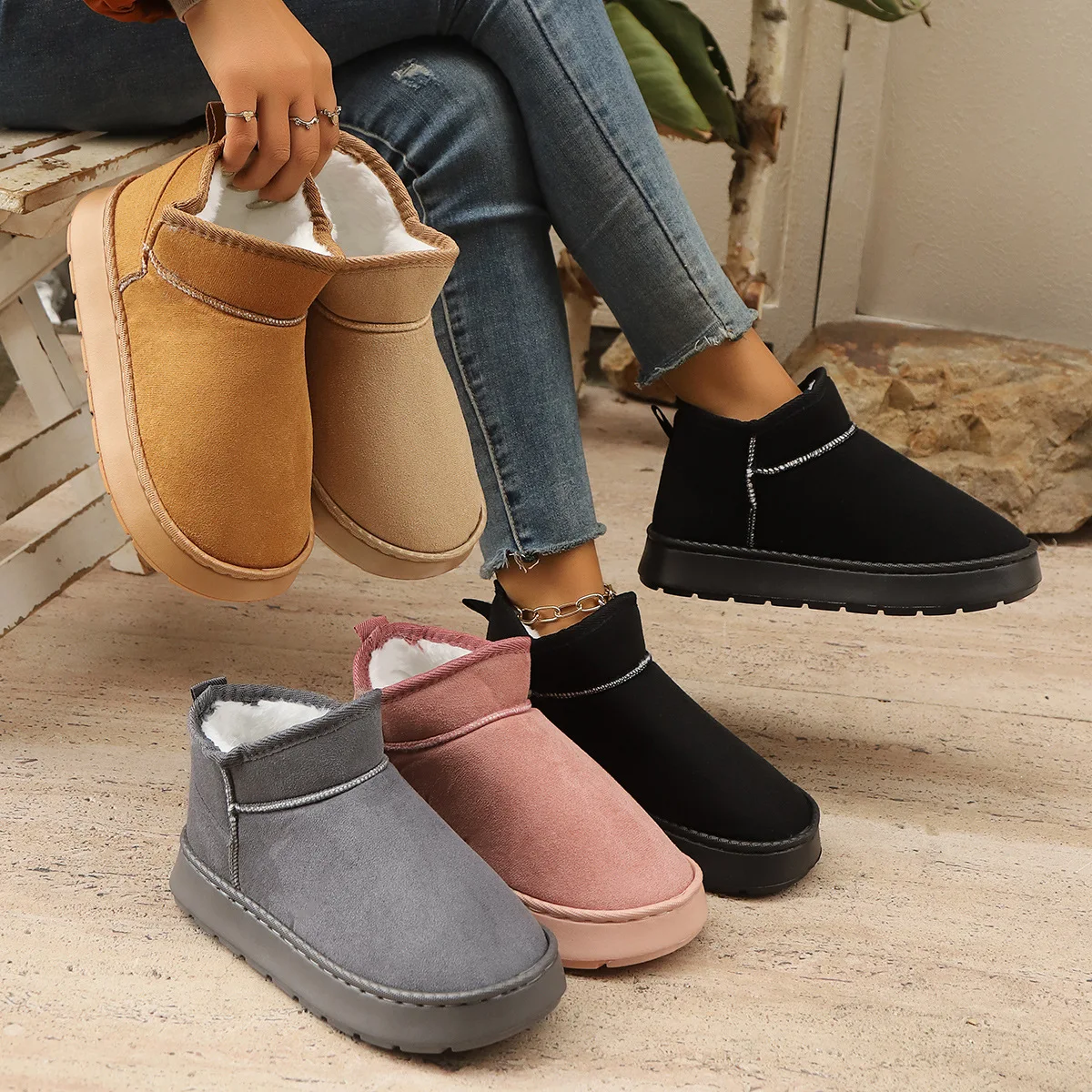 Plus Size Shoes for Men Women Couples Winter Fashion Plush Warm Comfortable Non-slip Platform Snow Boots Ankle Bootie Footwear