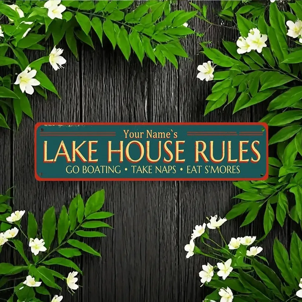CIFbuy Customizable Vacation Cabin Metal Plaque,Personalized 2D Flat Retro Distressed Lake House Rules Home Wall Ornament (Decor
