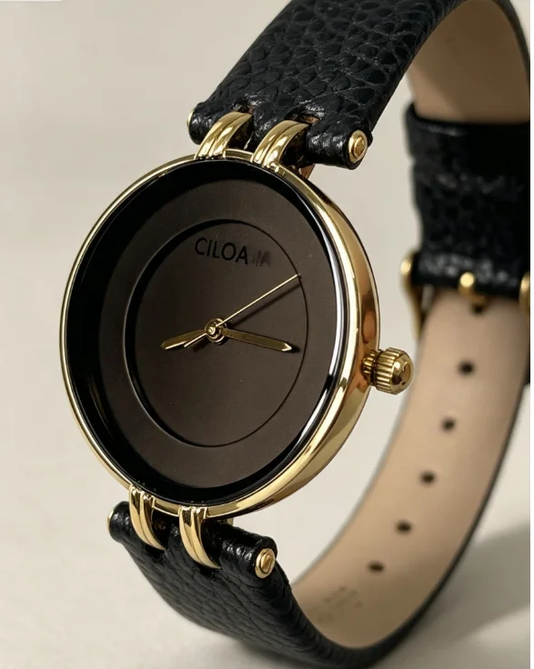 Minimalist Solid Black Dial Women Quartz Watch Gold Round Case Soft Grain Leather Strap Elegant Ladies Daily Dress Wristwatch Je