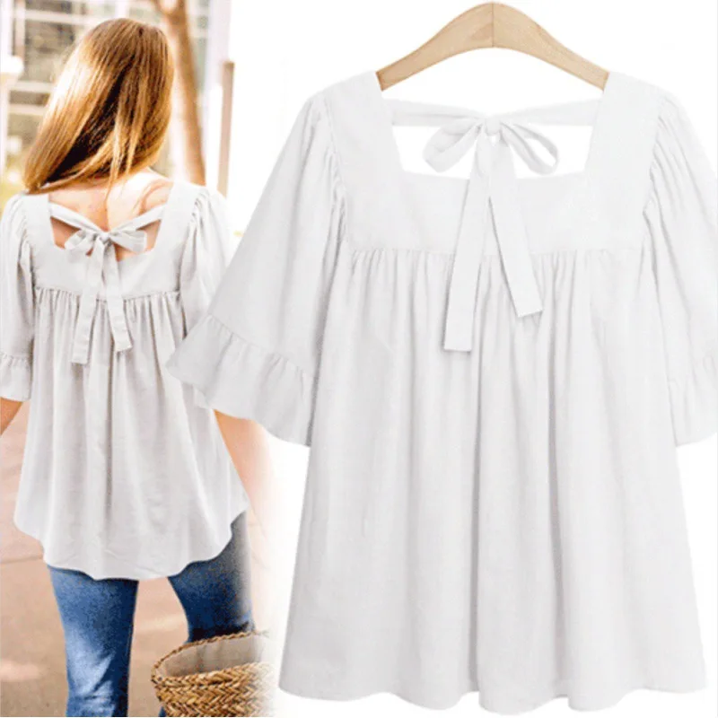T Shirt Woman Folds Bowknot Loose Lotus Leaf Sleeve Cotton Square Neck Solid Color Tshirts Cheap Clothing China JQMY391