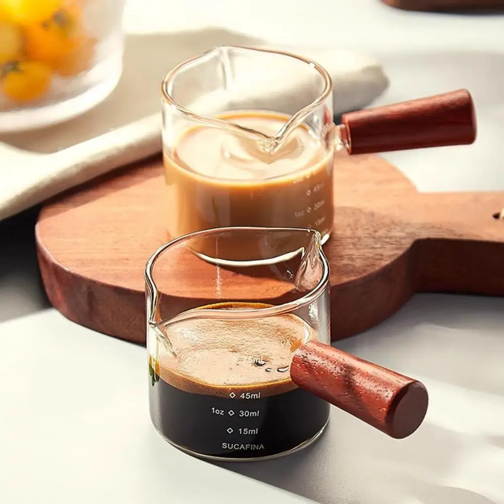 Measuring Cup with Wooden Handle 100ml Glass Measuring Cup with Wood Handle for Espresso Milk Double Scale Coffee Mug for Coffee