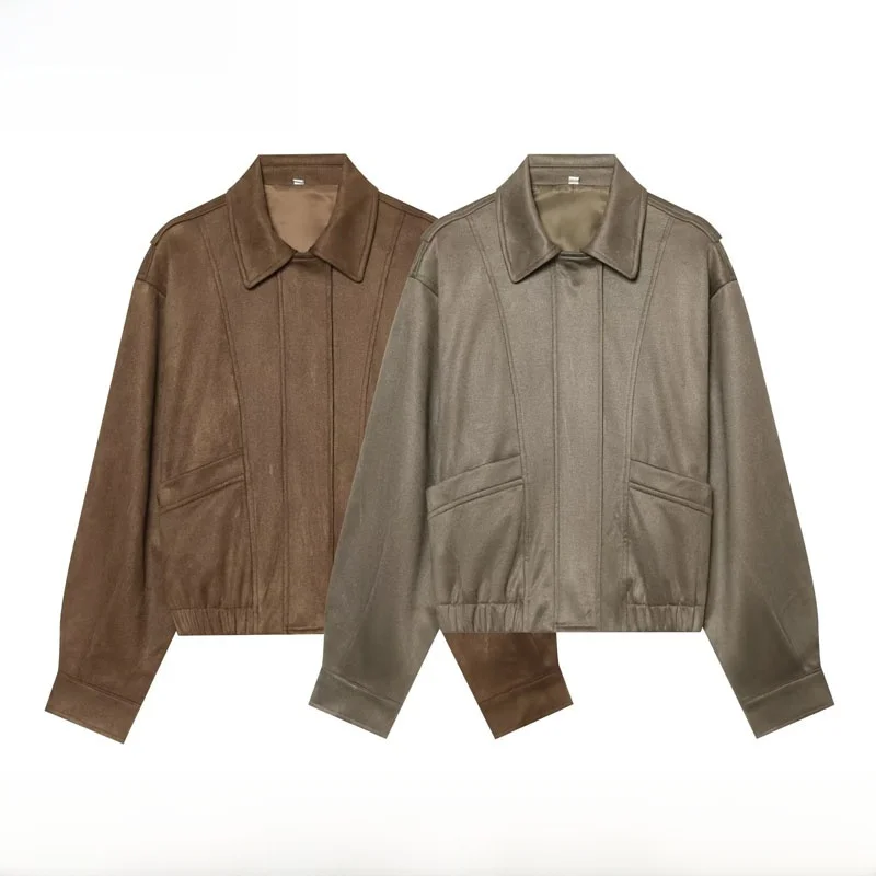 Early Autumn New Arrival Women's Fashion Simple Casual Plush Short Jacket Loose Fit Long Sleeve Zipper Closure No Hat
