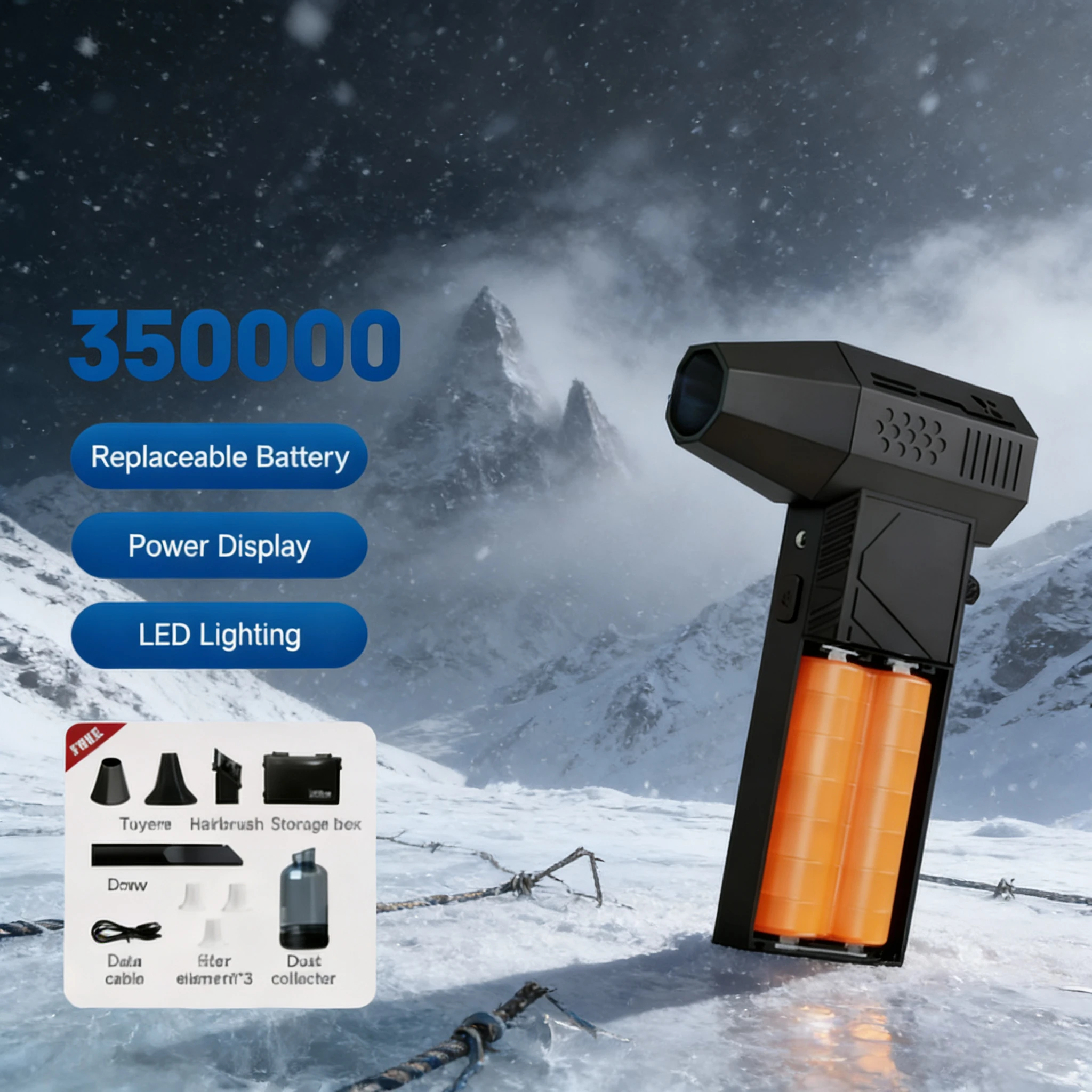 

Мини-импульсный воздуходувка 350000 об/мин — светодиодное освещение с бесщеточным двигателем (дисплей с перезаряжаемой батареей)