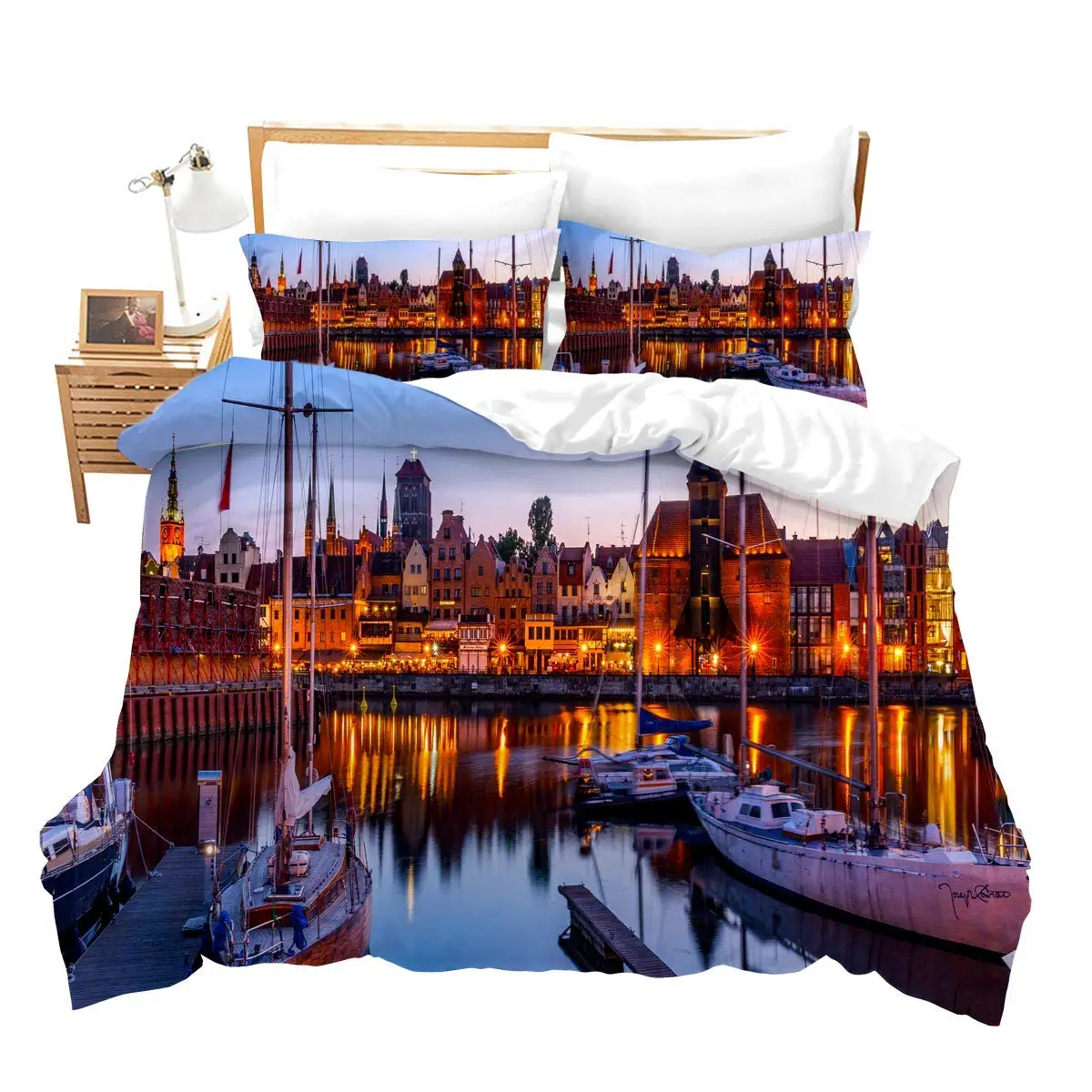 

Romantic European Town Bedding Set Cityscape Duvet Cover Set Night Scenery Tower Comforter Cover Ship Bed Cover Twin King Size