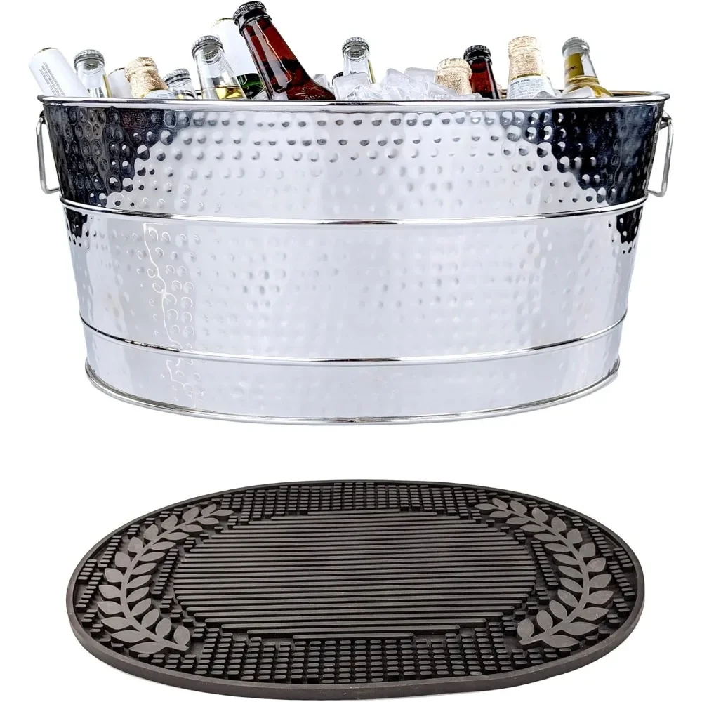 

Stainless Steel Beverage Tub + Insulated Multi-Functional Bar Mat for Parties & Events - Wedding Gifts, Anniversary, Wine Nights