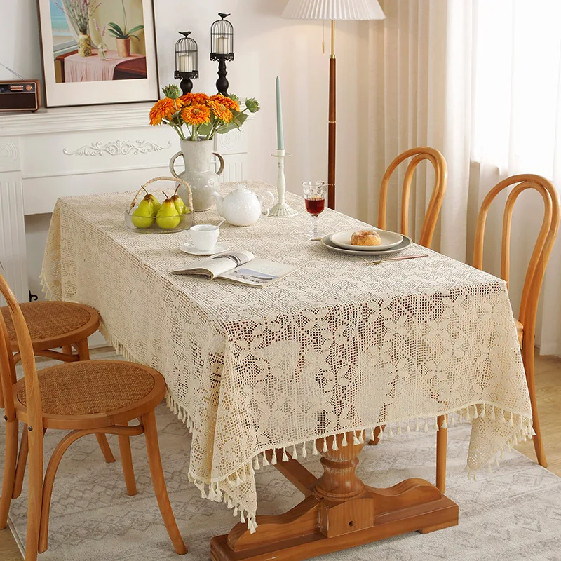 Crochet Vintage Table Cloth Beige Embroidered Crochet Hole Rectangle Tablecloth with Tassels for Kitchen Dinning Wedding