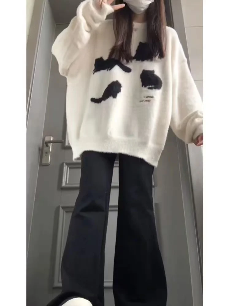 

Sweet School Style Fufu Patterned Soft Cozy Overhead Sweater Women's Student Autumn Winter Lazy Knitted Top Fashion Set