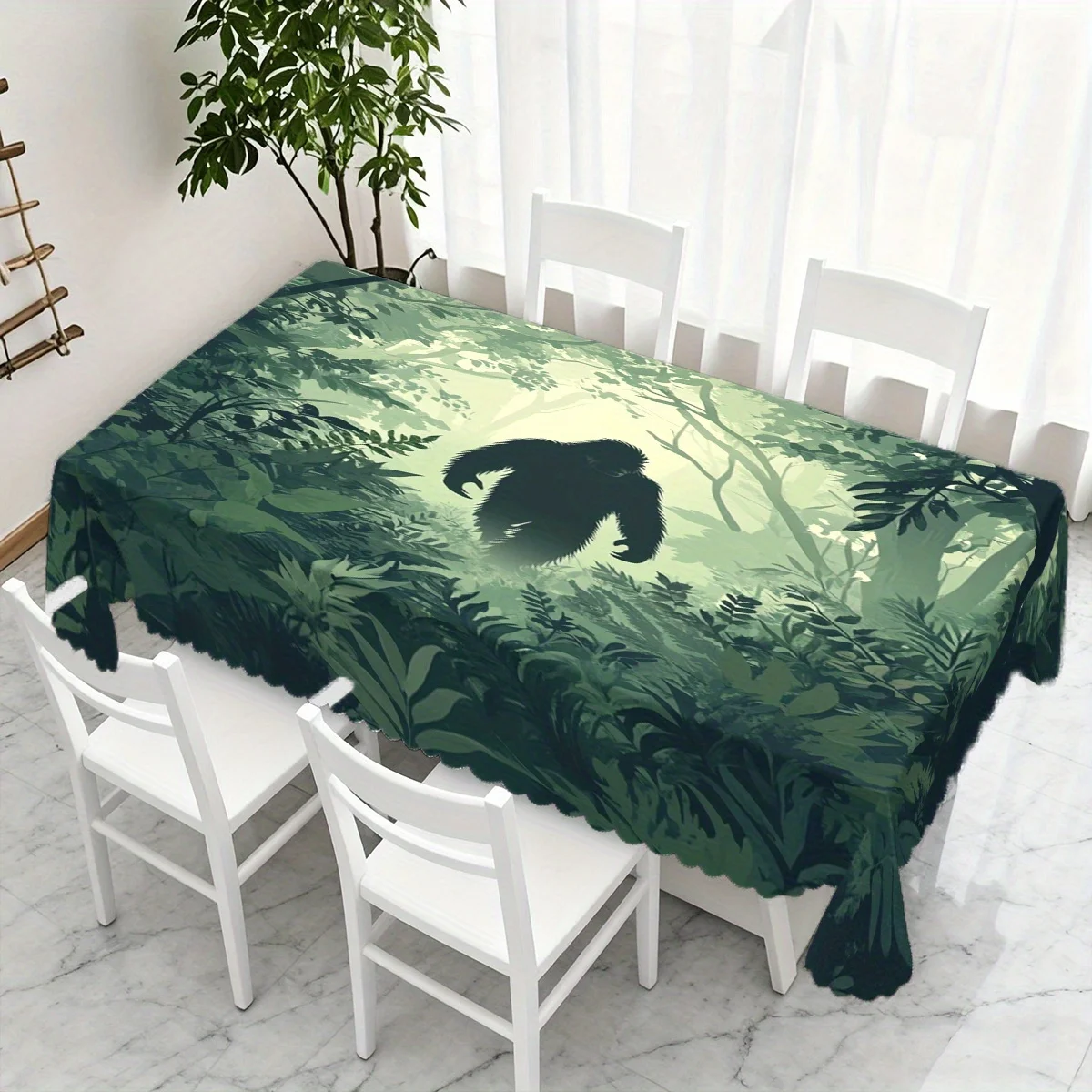 Jungle Bigfoot Silhouette Green Forest Print Waterproof Washable Tablecloth, Rectangular Table Cover Adventure Home Party Decor