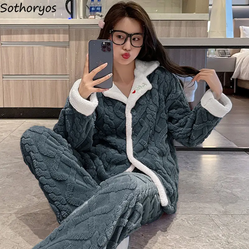 Coral Fleece Pajama Sets Women Winter Thick Plus Velvet Warm Sleepwear Panelled Cozy Home Fashion Korean Style Pijama Mujer Chic