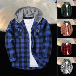 Men Flannel Shirt Men's Plaid Print Hooded Shirt Coat for Wear School Long Sleeves Drawstring Jacket for Fall Spring Fashion