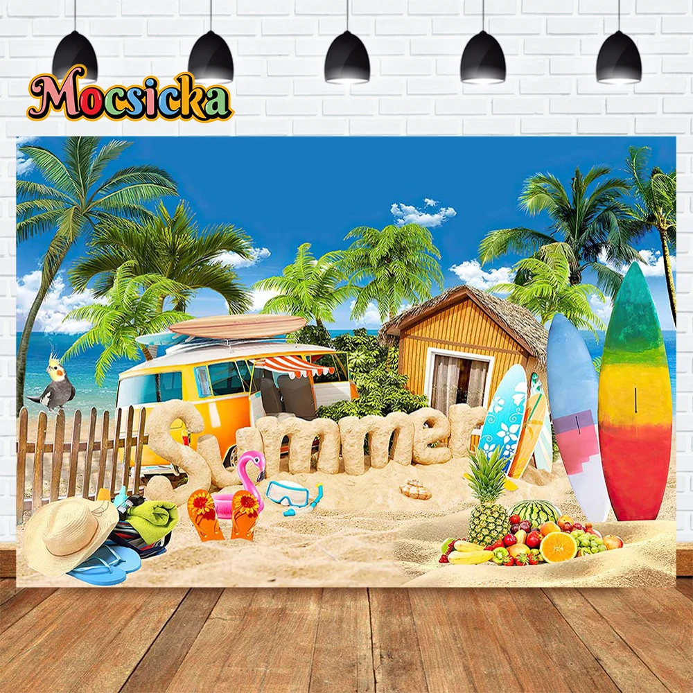 

Surfboard Escape to Paradise Background Summer Beach Getaway Photography Prop Tropical Fruits Fisherman Hats Decorate Backdrop