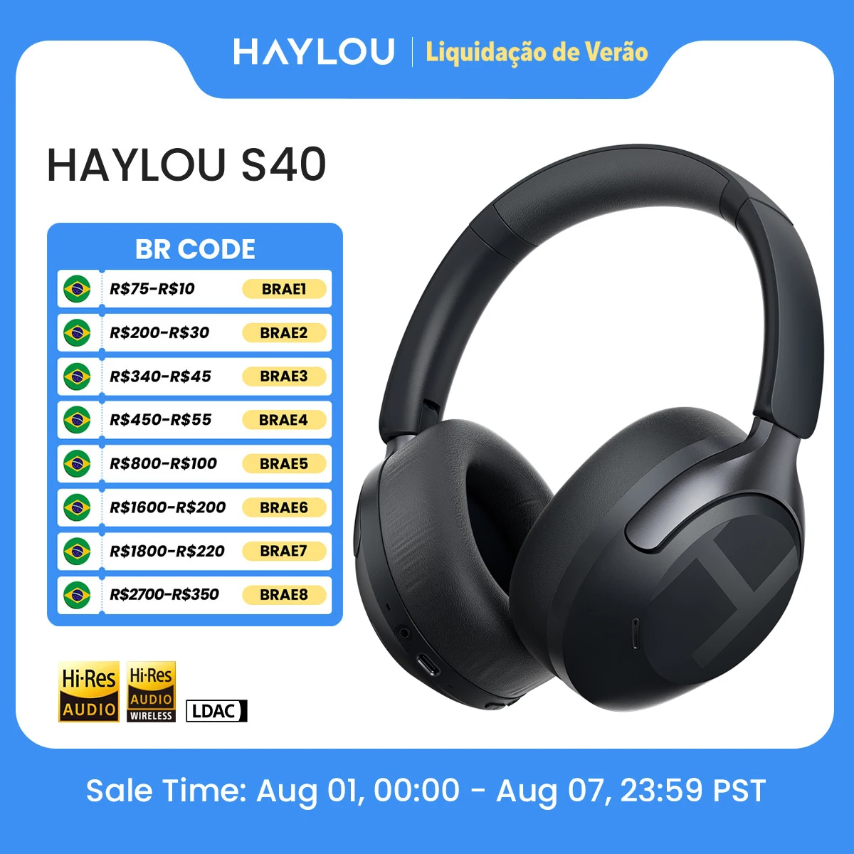 Fone de Ouvido HeadPhone HAYLOU S40 ANC, Cancelamento de Ruído de 50dB, Bluetooth 6.0, Sem Fio, Headset Fones