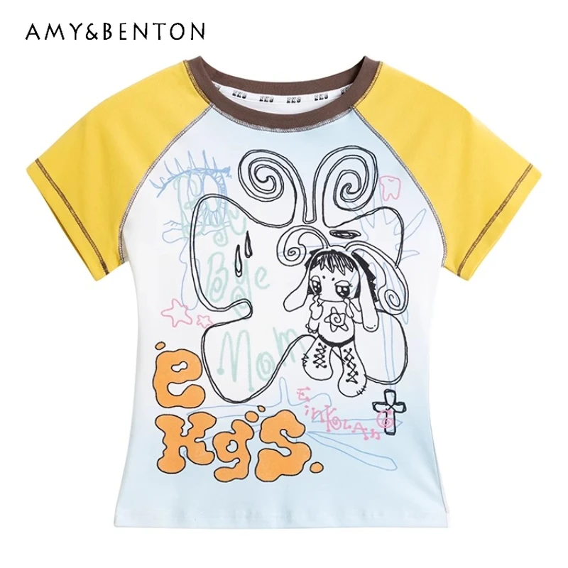 

Retro Hand-painted Cartoon Animation Print Women's Short-sleeved T-shirt New O-Neck Splicing Slim Thin Versatile T-shirts Ladies