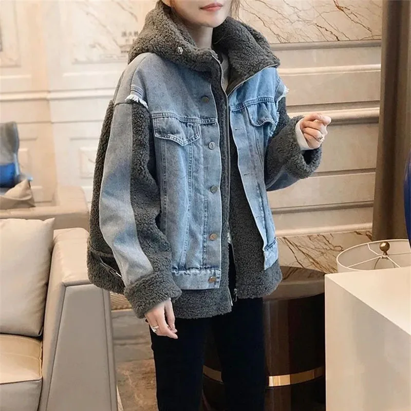

European Femme False Two-piece Cowboy Outwear Ladies Fashion Hoodie Thicken Coat Autumn Winter Women Large Size 4XL Denim Jacket
