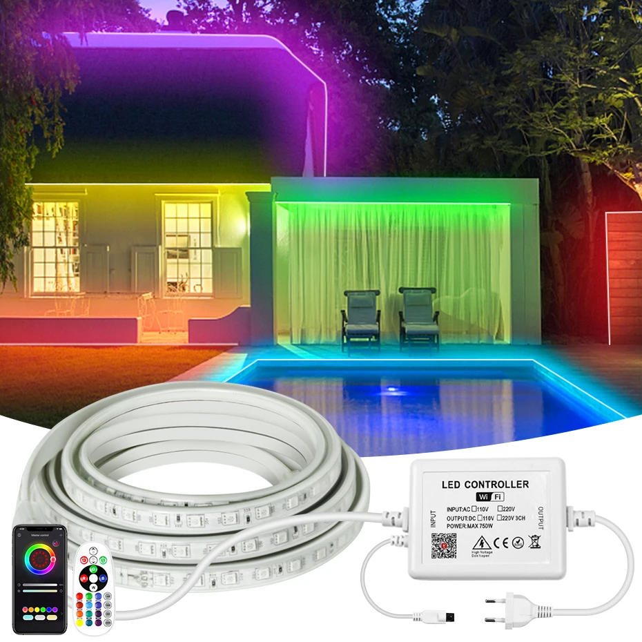 

220V RGB Strip Led Light 30m 50m 100m Tuya WiFi, Bluetooth Infrared Control Waterproof RGB Tape 5050 Indoor Outdoor Lighting