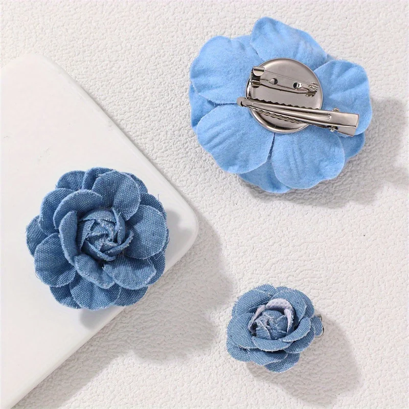 Handmade Fashion Denim Camellia Brooch Fabric Suit Coats Blue Brooch Wedding Party Costume Jewelry Accessories Decoration