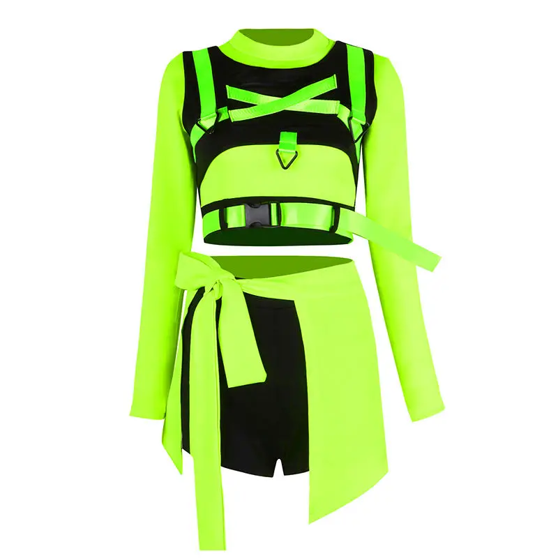 2024Fluorescent Green Jazz Performance Dress Women's Set Sexy Korean Dance Dress Hip Hop Street Dance Dress Women's Troupe Dance
