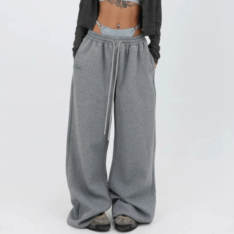 QWEEK-pantalones de chándal holgados para mujer, ropa de calle informal de Hip Hop, pantalones de pierna ancha, pantalones de Jogging deportivos básicos coreanos, color gris, Y2k