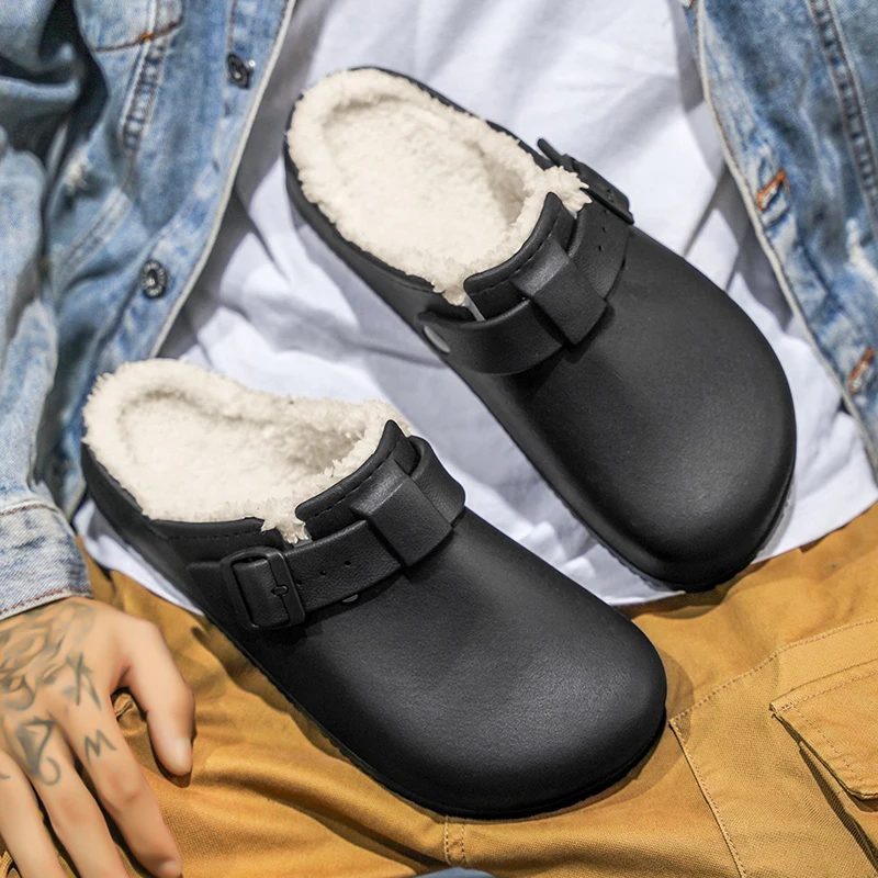 Brand Winter Men Slippers Adjustable Warm Fluffy House Slippers Outdoor Antiskid Waterproof Fuzzy Lined Men Garden Plush Shoes
