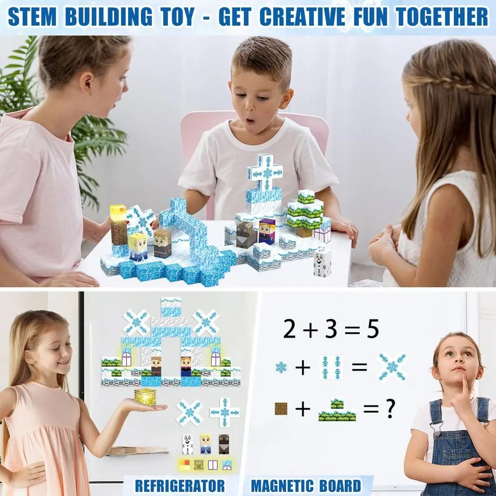 100ピースの磁気ブロック、光るタイル付き、3D雪の世界テーマ、3歳以上のお子様向けの教育STEM玩具