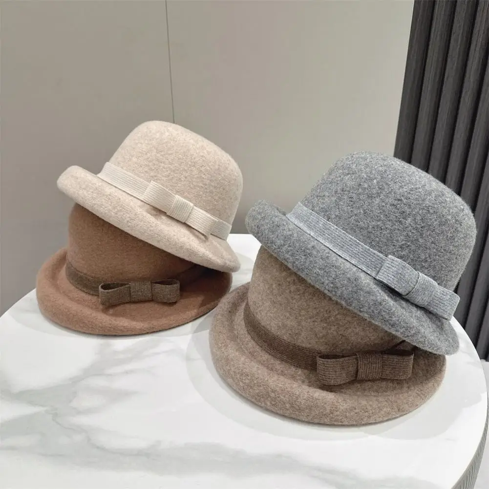 Women Wool Felt Hat Classic Felt Cloche Hat for Women Vintage Soft Fedora Bucket Hat Short Brim Bowler Cap with Bow Fall Winter