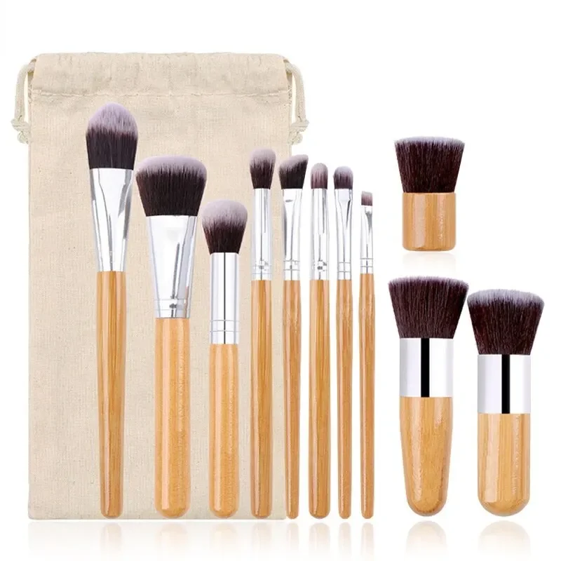 11Pcs Bamboo handle makeup brush with linen bag, bamboo handle makeup brush set, beauty tools