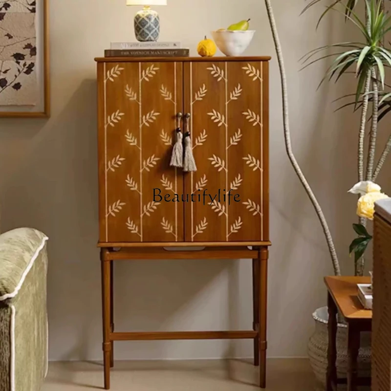 

Medieval solid wood dining side cabinet foyer French retro storage decorative high cabinet