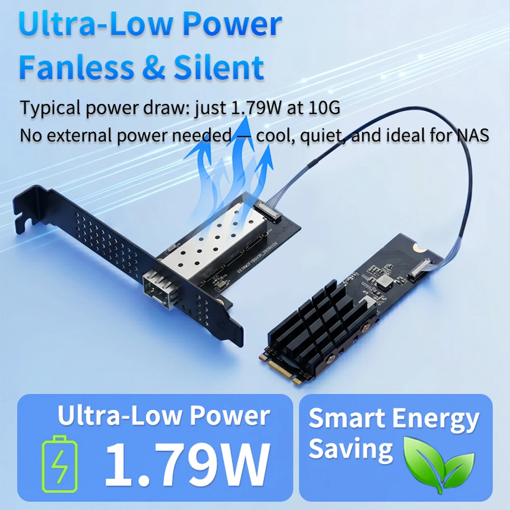 M.2-10G SFP+ 어댑터 RTL8127ATF 10GbE 광섬유 NIC PCIe 3.0 X2 저전력 1.79W NAS 서버용 썸네일 5