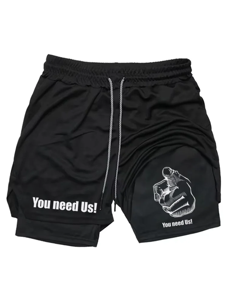 

Men's 2-in-1 Double Layer Gym Shorts, Hand Gesture Print Quick Dry Workout Running Shorts with Pockets for Fitness WX035