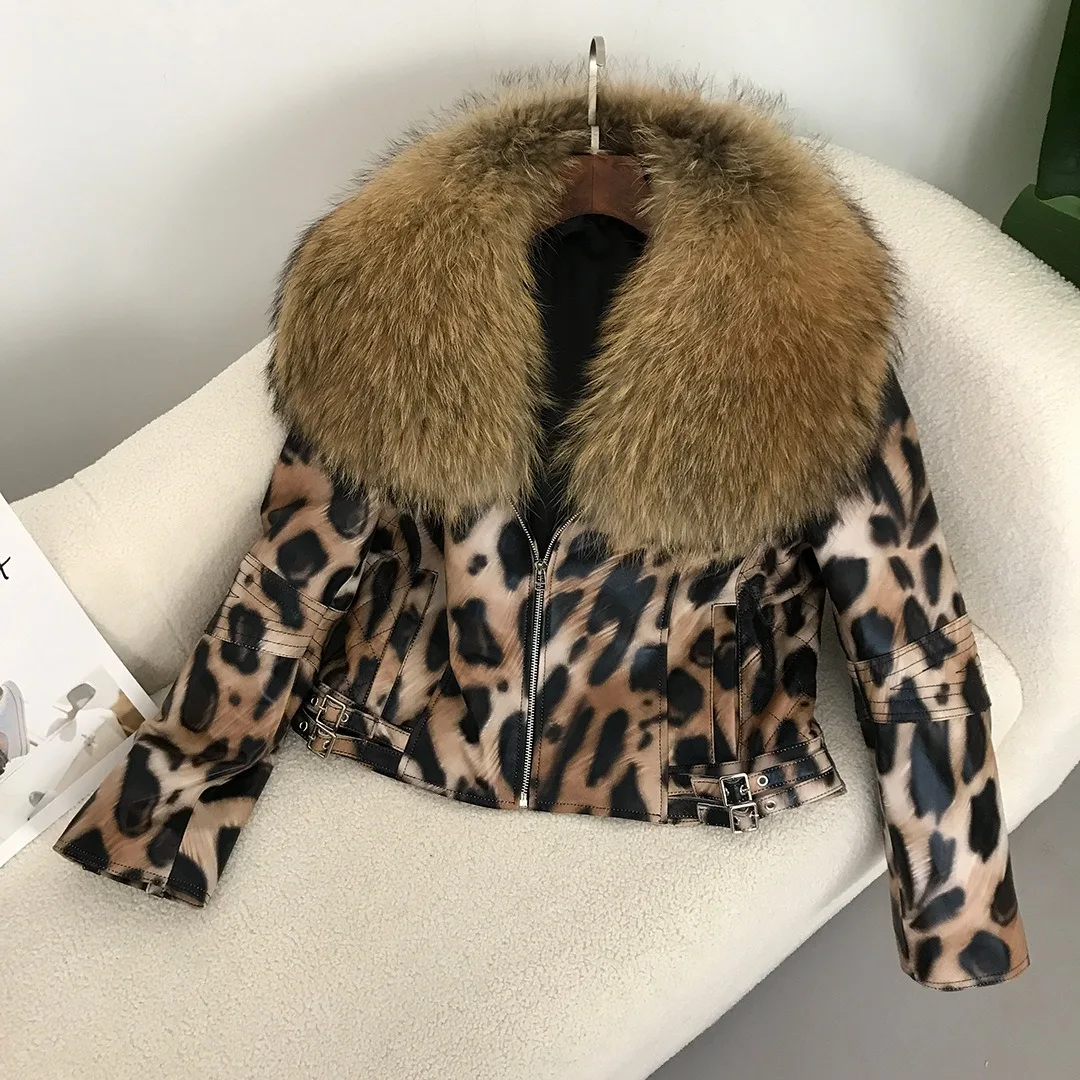 แฟชั่นฤดูหนาวสั้นจริง Raccoon ขนสัตว์ใหญ่ของแท้ Leathert Coat คุณภาพสูง Sheepskin เสือดาวพิมพ์เสื้อแจ็คเก็ตรถจักรยานยนต์