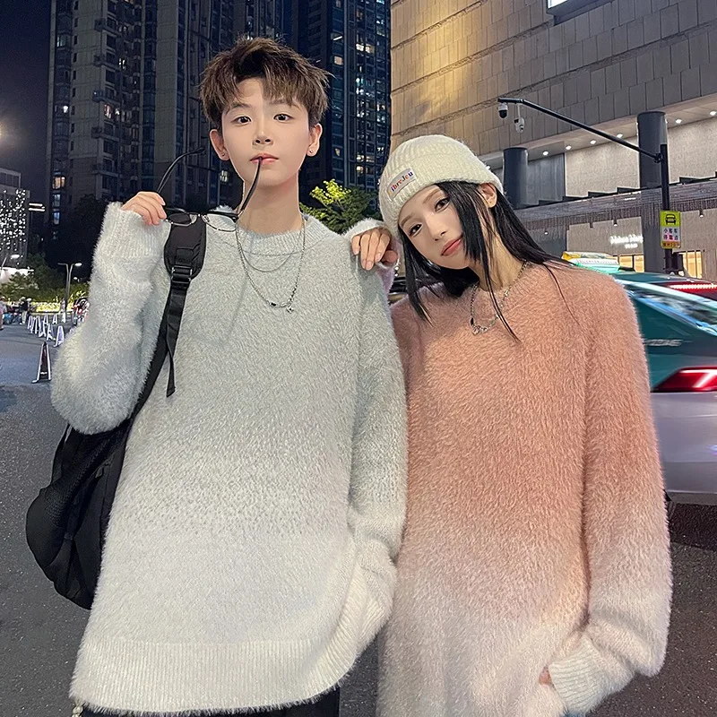 

adient Color Sweater round Ne No Hat Soft Faux Mink Wool Men's Casual Sle Long Sve Knitted Sweater Warm Youth Faion