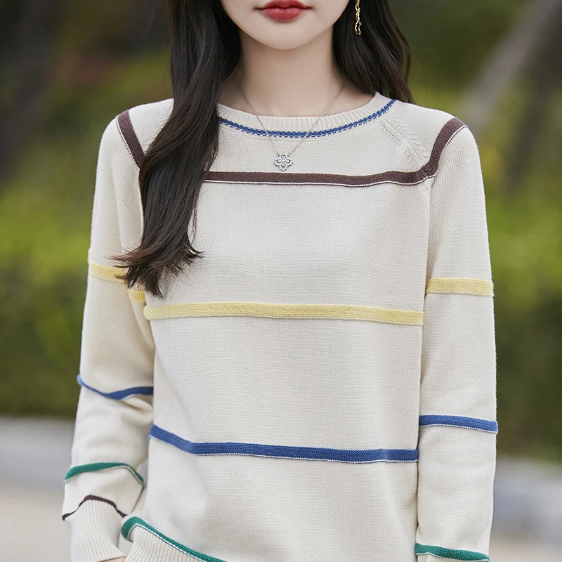 

Autumn And Winter New Thick Round Neck Striped Knitted Women's Loose Sweater Cotton Bottoming Shirt