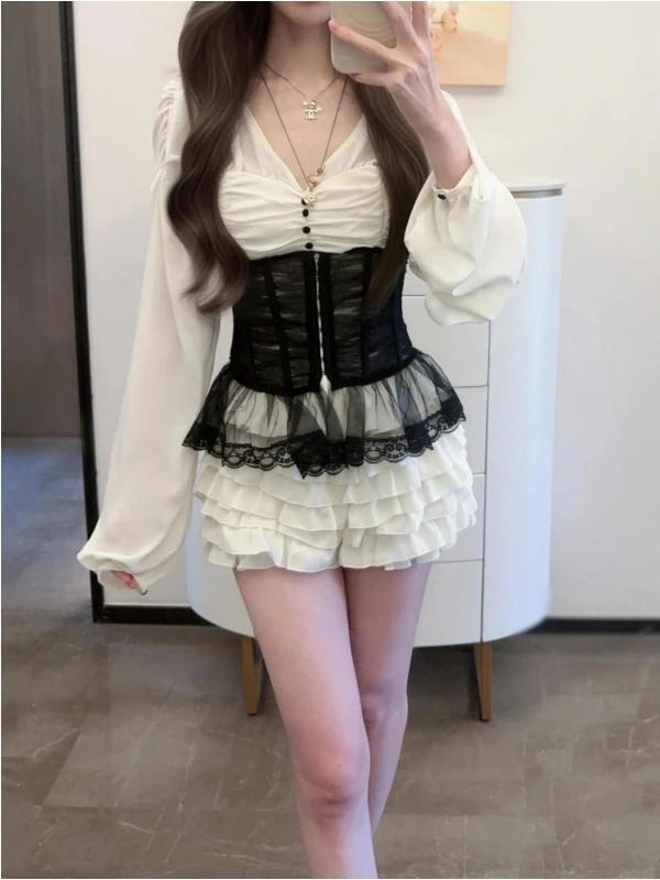 

Sweet Pure Desire Retro Hot Girl Waist Seal Shirt Top High Waist Skirt Three Piece Set Autumn Fashion Ladies Ensemble