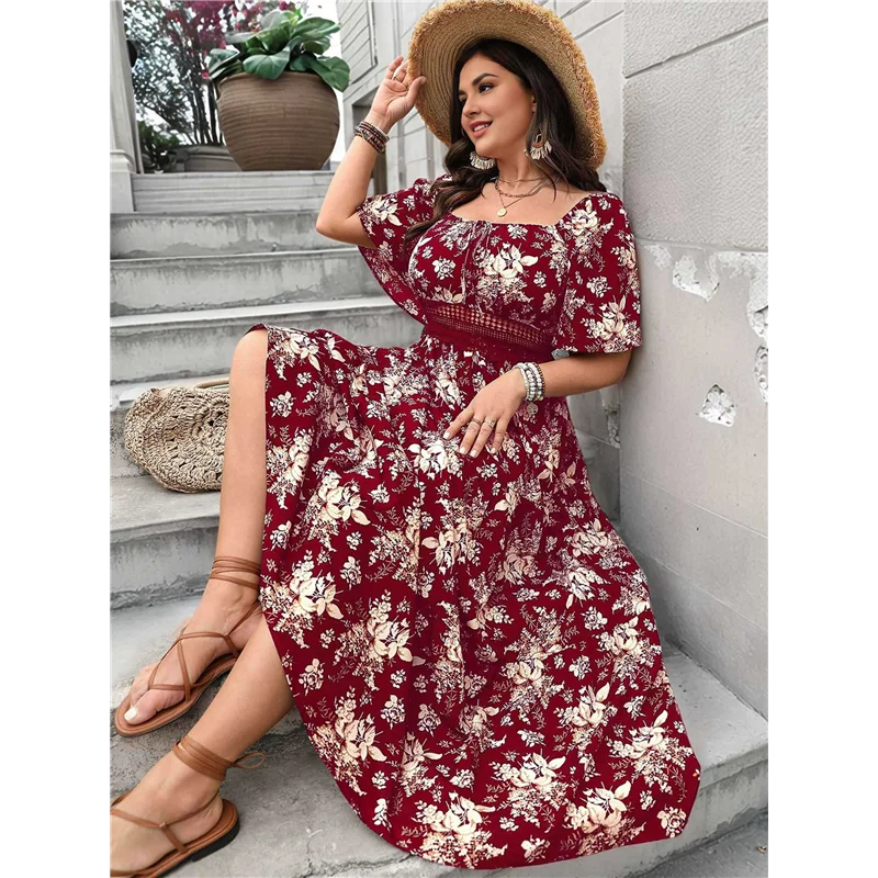 CGS-สตรีแขนสั้นชุดดอกไม้สําหรับผู้หญิงสแควร์คอลูกไม้Cutoutตาไก่VINTAGE Boho Maxiยาว 2025