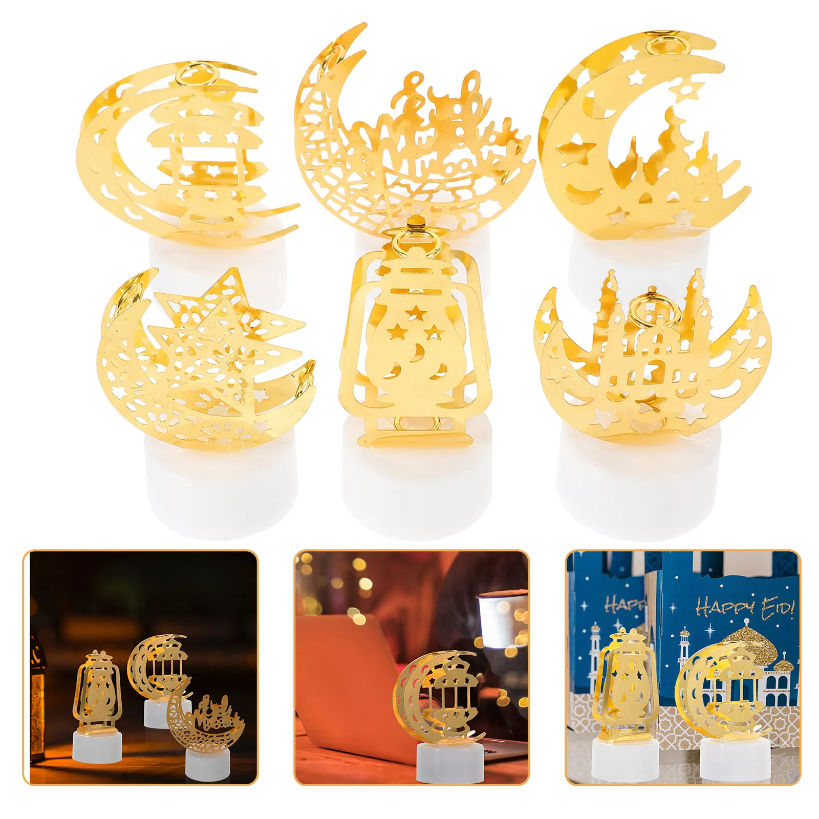 

Набор из 6 светодиодных железных светильников «Ид Мубарак», украшения для Рамадана, мусульманские настольные декорации, подарок на Ид Мубарак, домашнее освещение