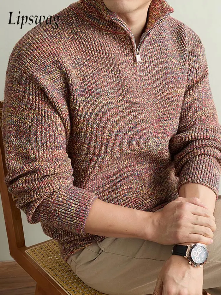 Autumn Winter Mens Thick Knitting Sweater Stand Collar Design Long Sleeve Knitted Pullover Daily Casual Warm Polo Shirts Male