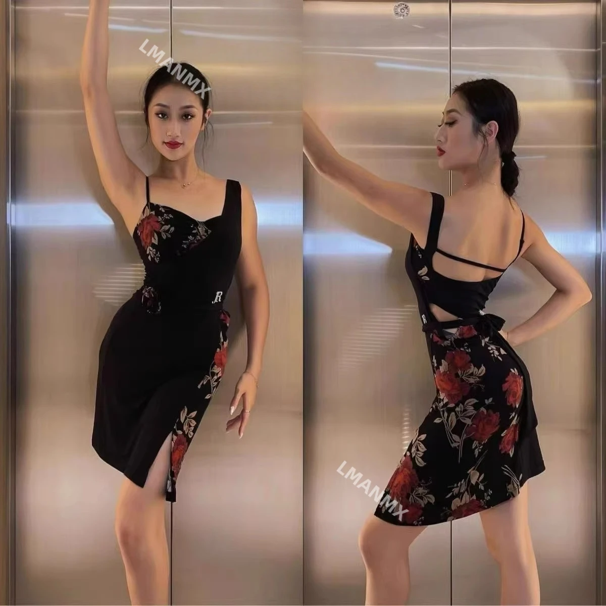 Latin dance new dress, women's rose print suspender, exposed backpack, hip skirt, practice outfit