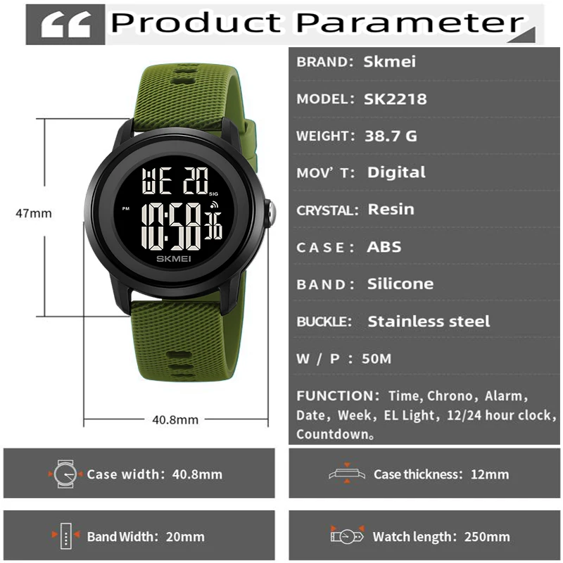 Skmei Women\'s Wristwatch Fashion Silicone Strap 50M Waterproof Swimming Sports Stopwatch LED Light Digital Ladies Watches