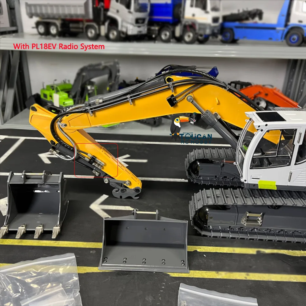 1/14 Five-Way Valve Hydraulic RC Excavator 945 Controlled Truck Panited Yellow Model Assembled Digger Metal Bucket Sound Light