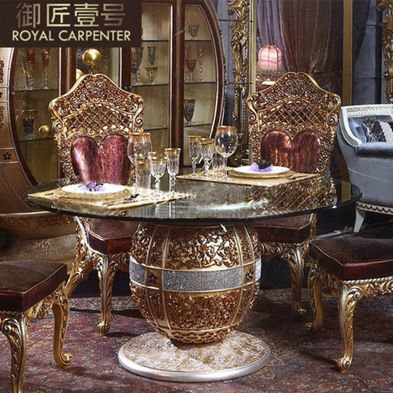 European restaurant furniture large villa pure handmade solid wood carved glass table