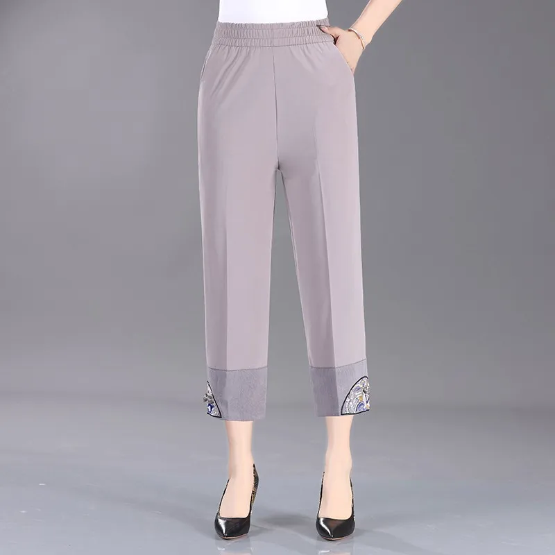 

Summer Women Thin Cropped Pants New Elastic High Waist Straight Pants Chinese style embroidered Middle-aged Female Casual Pants