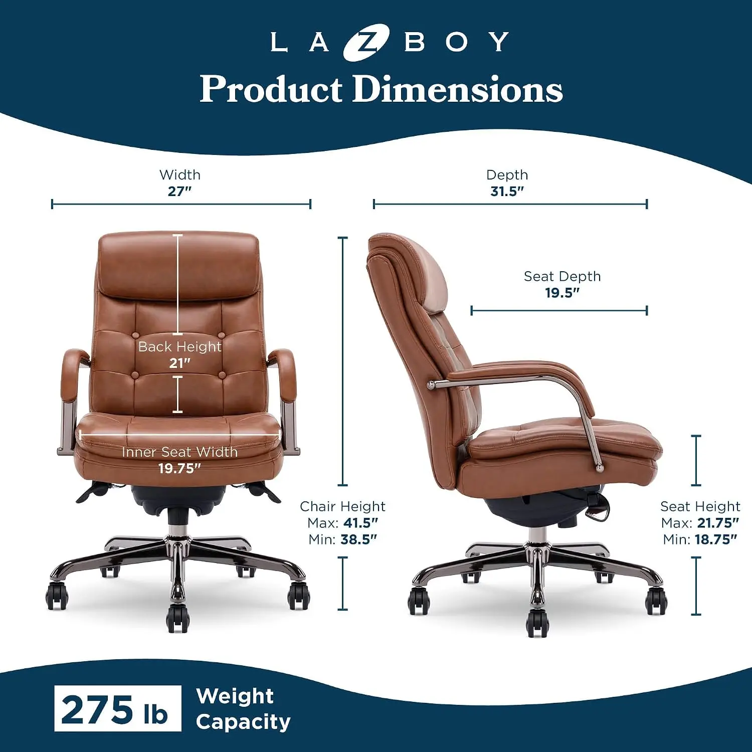 Mid-Back Executive Office Chair, Button-Tufted Double Cushion, Padded Armrests, Ergonomic Swivel Base, Leather, Cognac/Graphite,